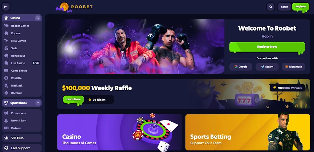 roobet casino main page screen