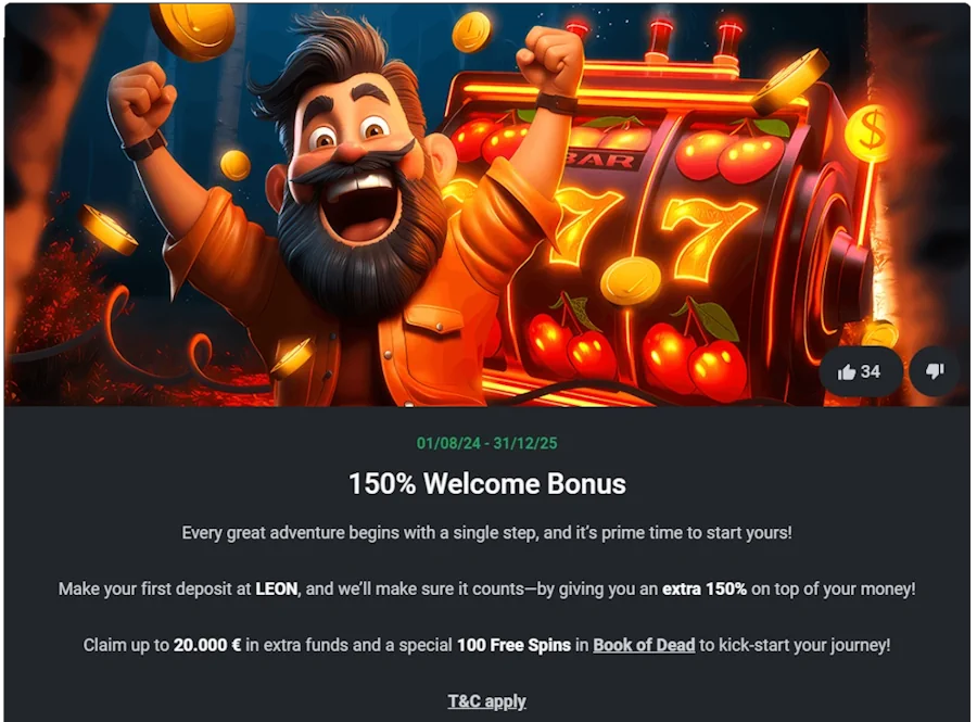 leon casino 150% Welcome Bonus