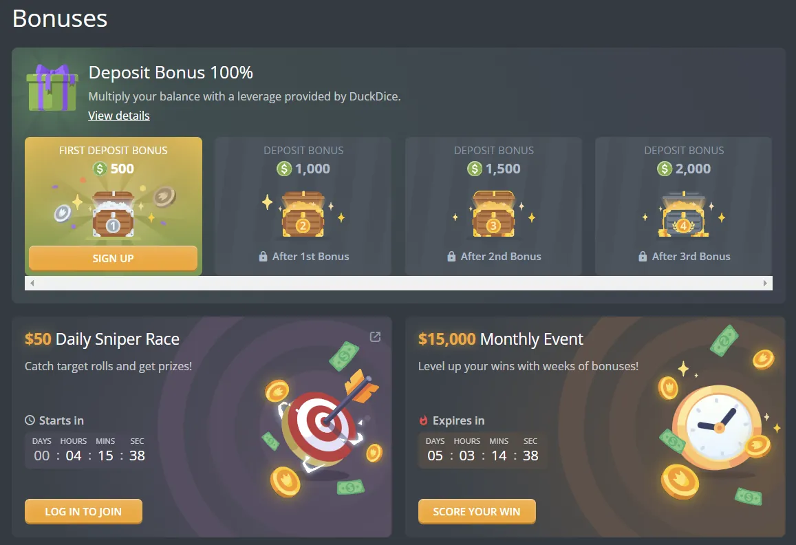 DuckDice deposit bonus pack and promotions