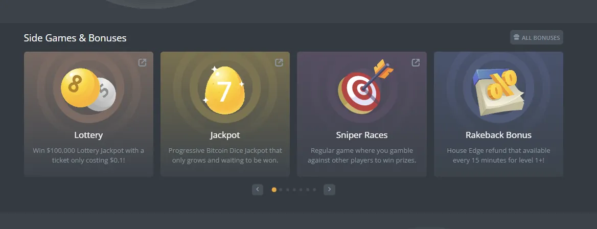 DuckDice side games: lottery, jackpot, Sniper Races and rakeback